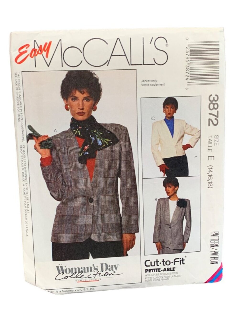 McCall' 3872 Womens Petite-Able Jacket Sewing Pattern Size 14-16-18 Uncut